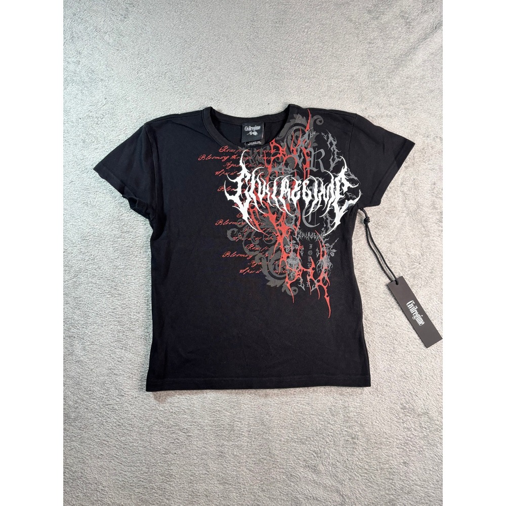 Civil Regime Womens Gothic Graphic Baby Tee Black Tribal Rose Large NWT